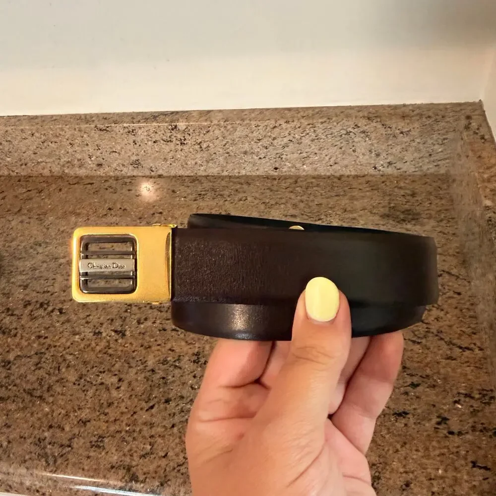 VTG Christian Dior Reversible Black & Brown Skinny Leather Belt Gold Buckle EUC